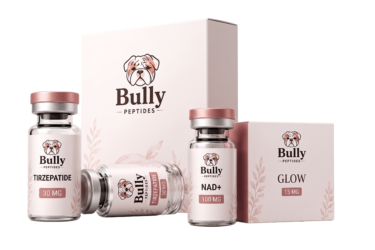 Bully Peptides packaging with Tirzepatide 30 mg, NAD+ 100 mg and Glow 15 mg vials